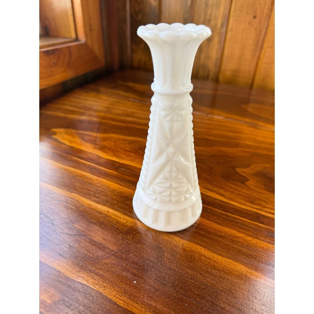 Vintage Milk Glass Bud Vase White Embossed Starburst Geometric Scalloped Rim